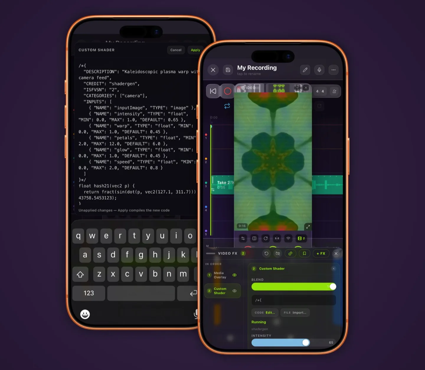 ISF source pasted into the shader editor on one phone, the compiled result running over the camera feed on another with generated sliders.