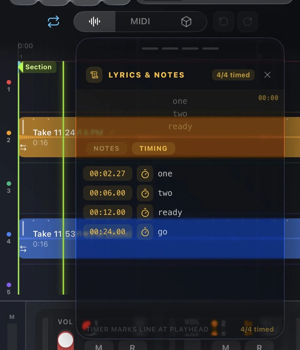 Lyrics and Notes panel on the Timing tab, timestamps down the left, preview strip up top.