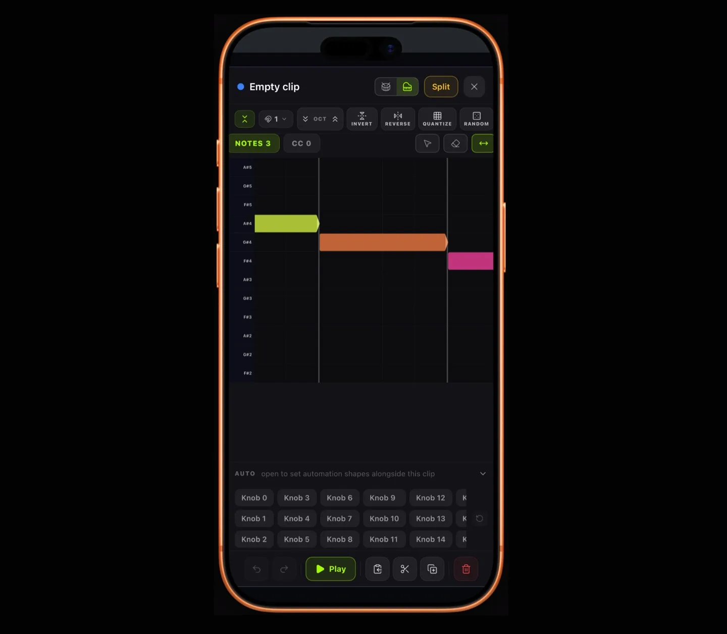 The rebuilt MIDI editor: labeled piano roll, three notes on the grid, invert / reverse / quantize / random tool rail, automation knob targets below.