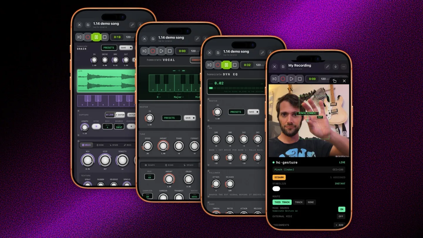 Four phones side by side running grain, vocal, dynamic EQ and gesture.