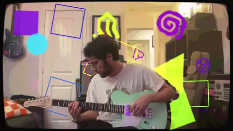 Film burn effect running over the frame while the player and guitar stay clean.