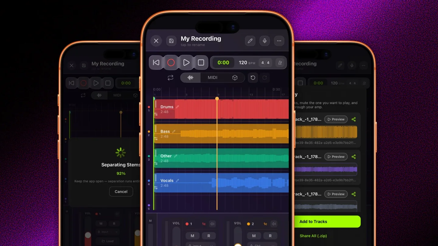 A separation job at 92 percent, then the finished drums, bass, other and vocals stems sitting on the timeline, with a sheet offering to add them to tracks.