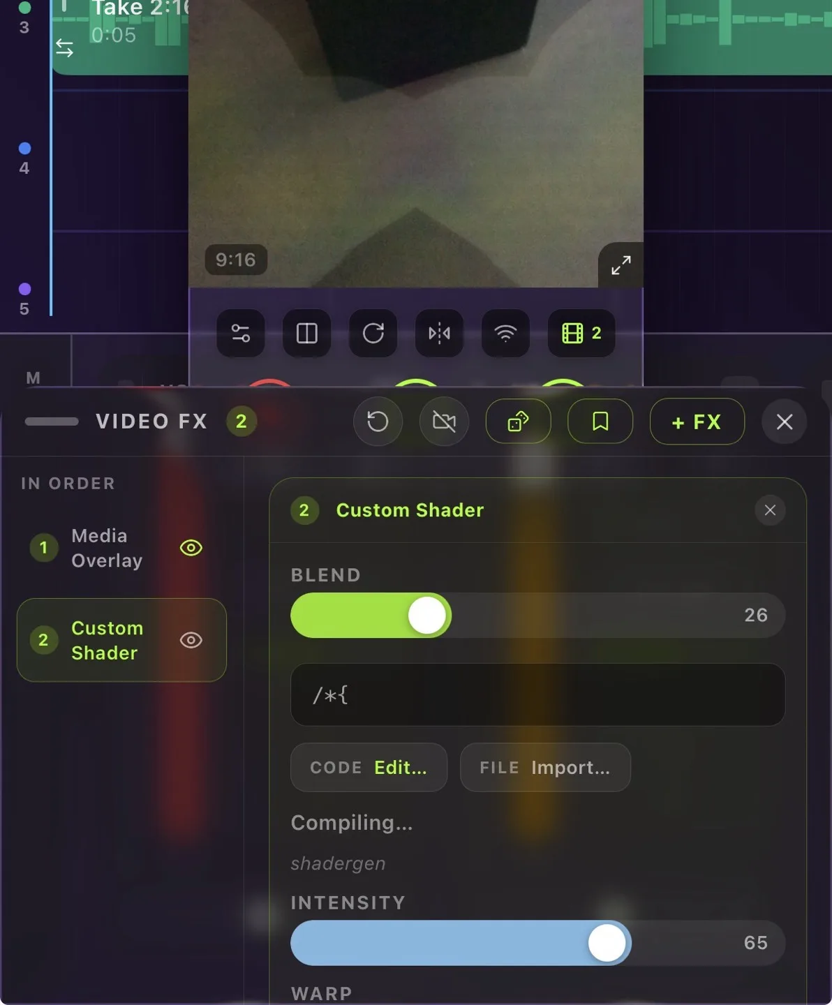 The Video FX drawer with several effect layers listed in order and a Custom Shader layer selected, its blend and intensity controls open below.