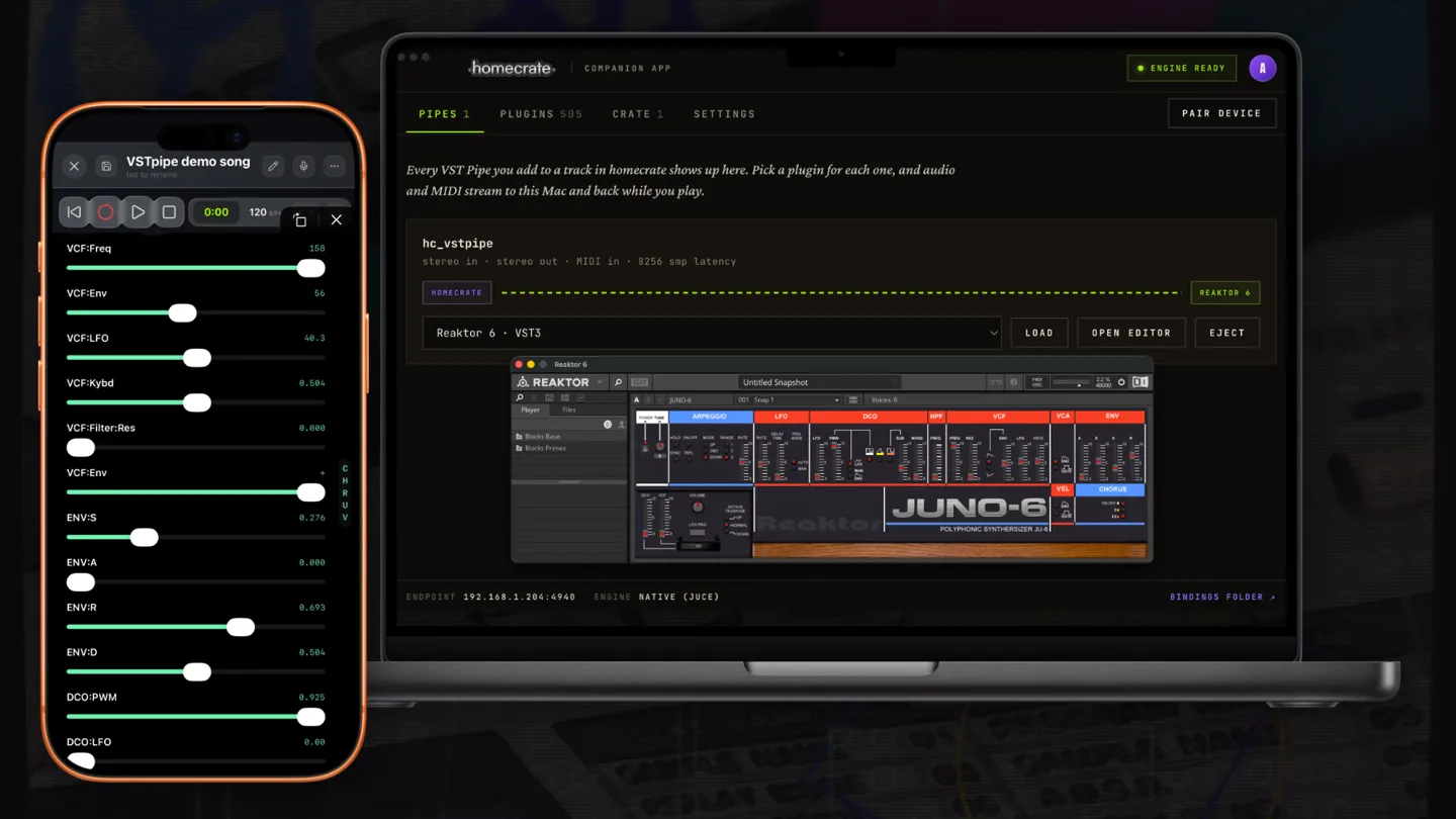 Companion app on a Mac hosting a VST3 instrument, phone beside it showing the same parameters as lanes.