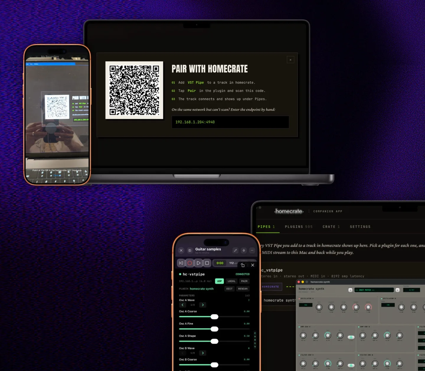 A phone scanning a QR code shown by the companion app on a Mac, and below it the same track once paired, listing the hosted synth's parameters.