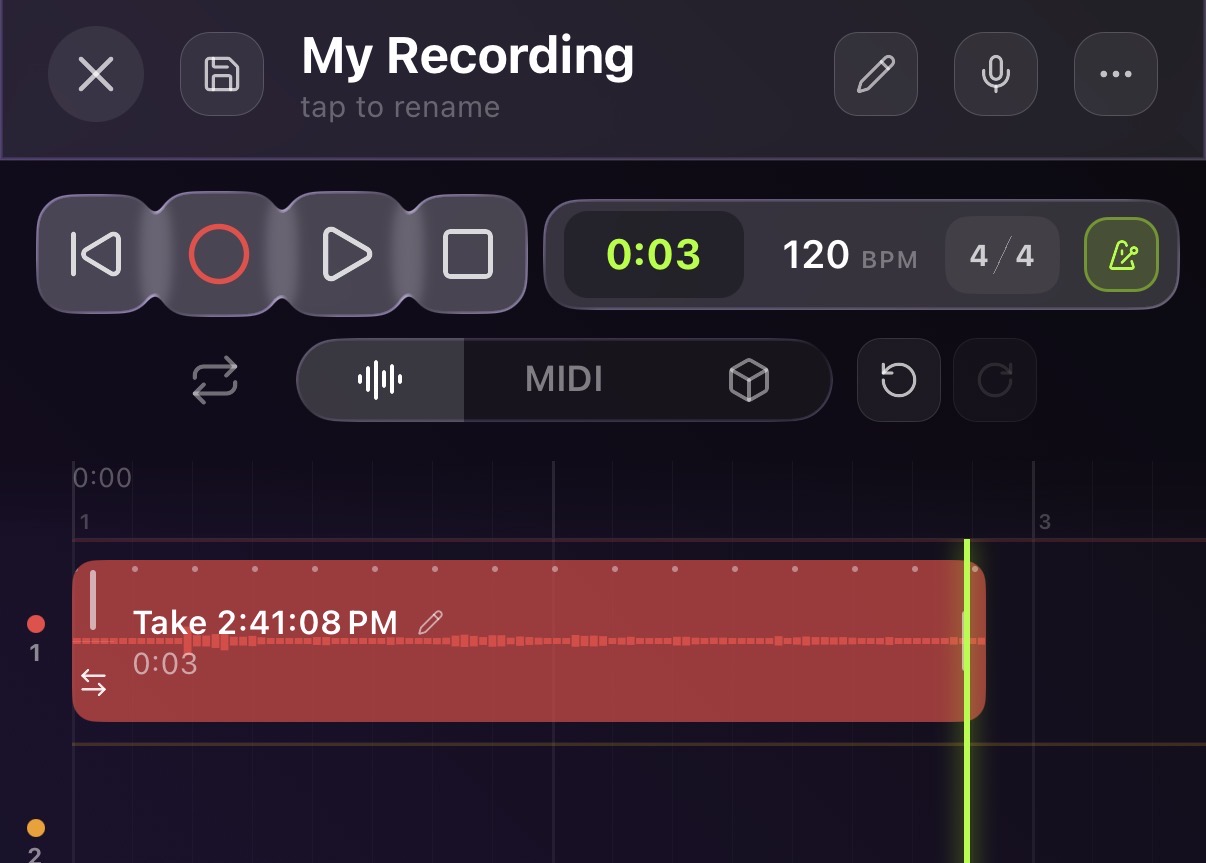 A completed recording clip on Track 1 in the timeline