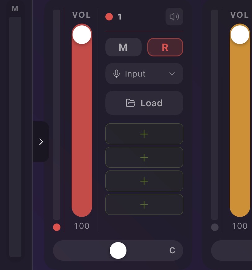 The R button on a mixer channel strip in its armed (red) state