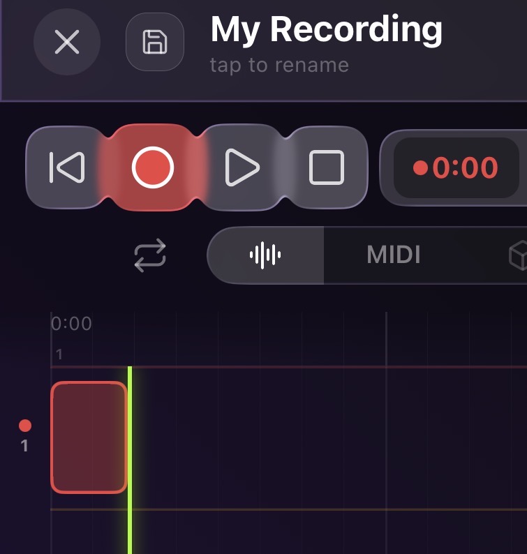 The record button active in the transport bar with a clip recording on Track 1