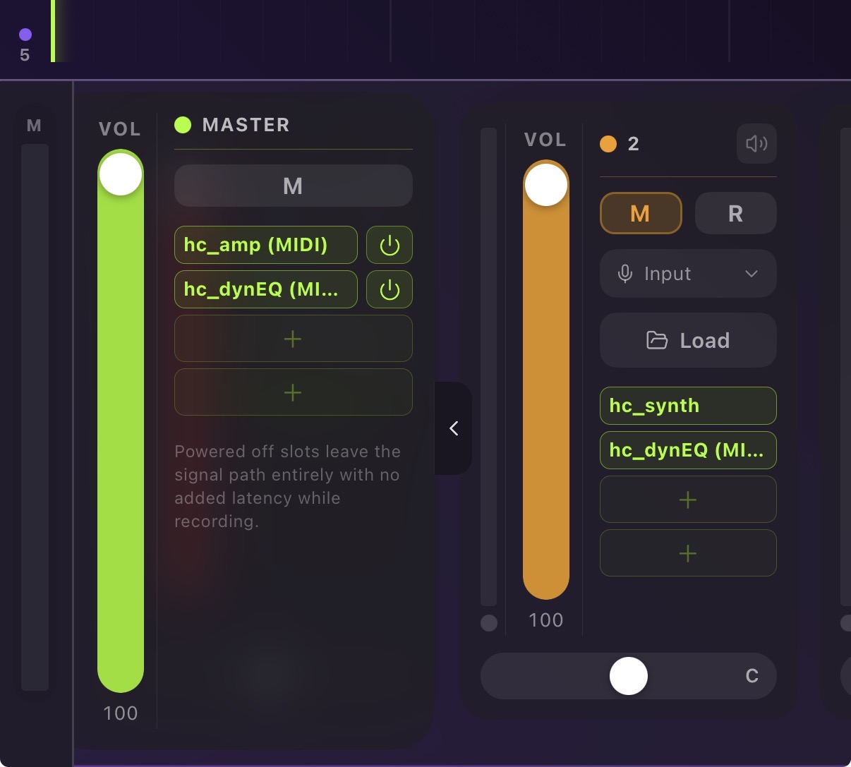 The Master Channel drawer showing volume, mute, and plugin slots