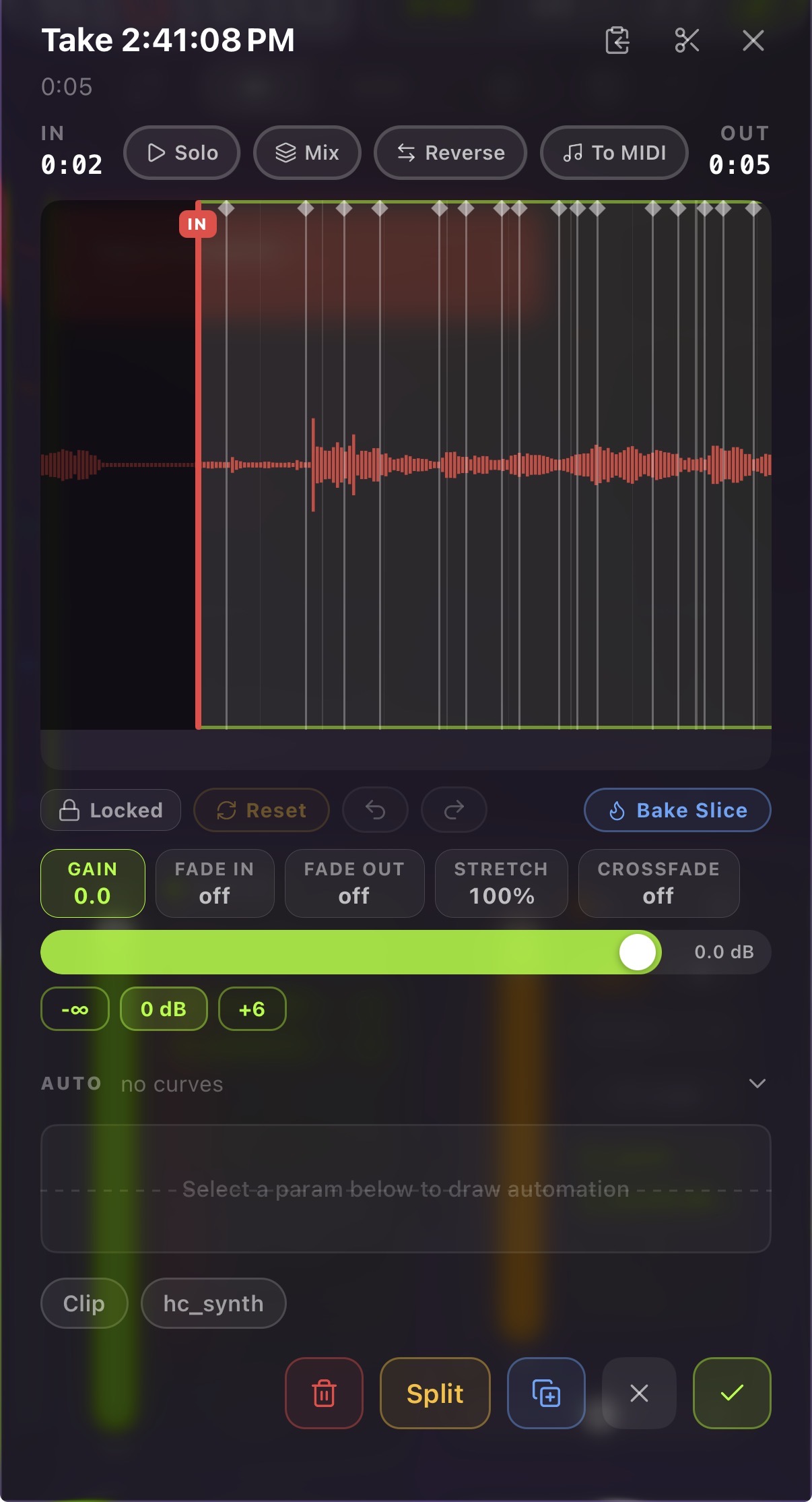 The Clip Edit modal showing the waveform, IN/OUT points, and controls