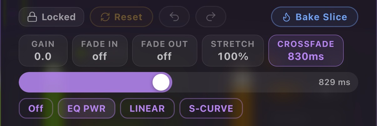 The Crossfade → Next slider with EQ PWR, LINEAR, and S-CURVE chips
