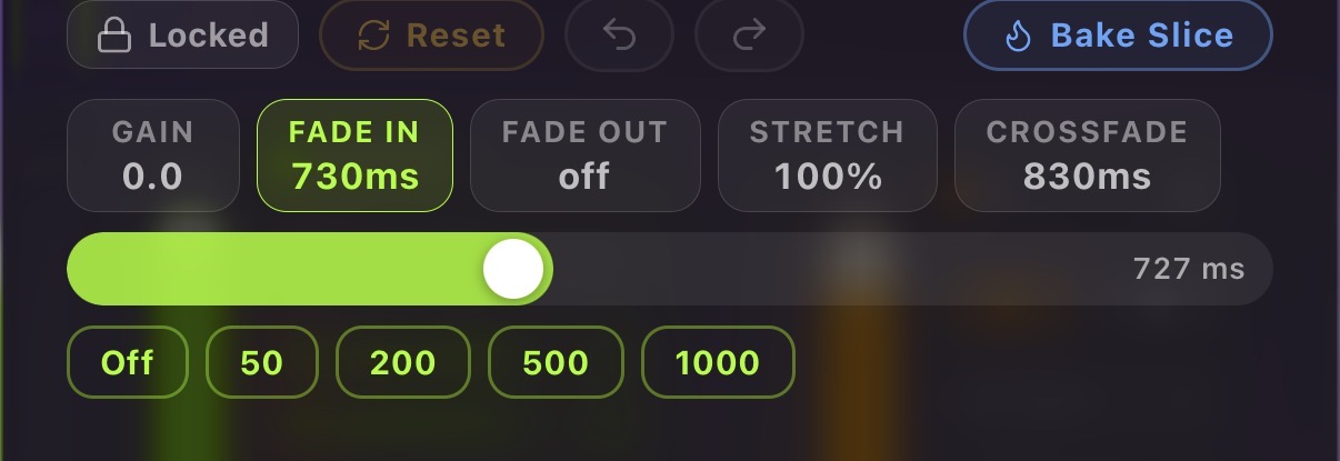 The Gain, Fade In, and Fade Out sliders in one row