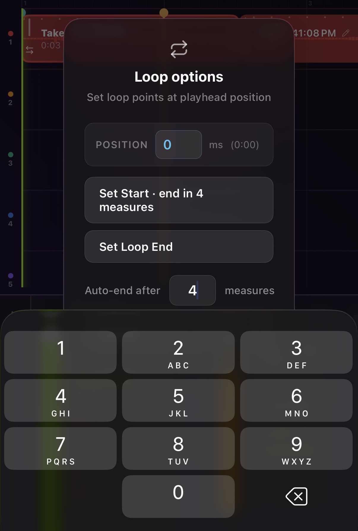 The loop popup with the auto-end field set to "4"