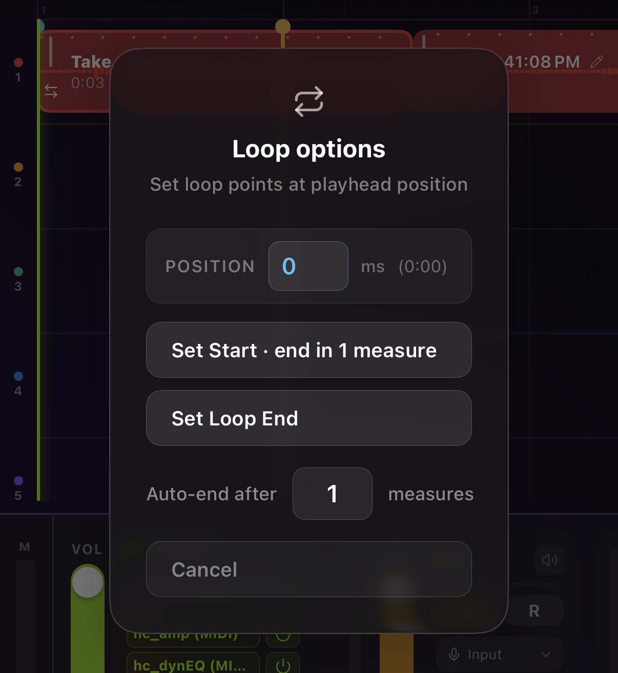The loop options popup with the Position editor and Set Start/Set End buttons