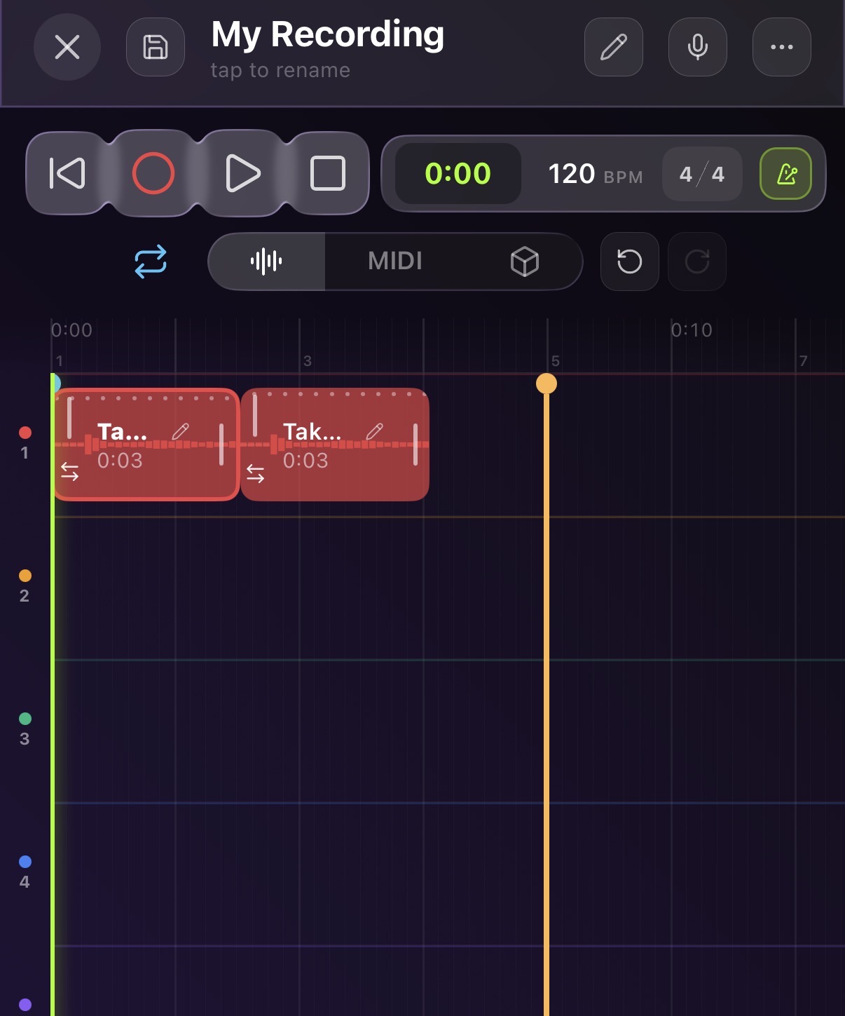 Both loop markers with their colored lines spanning all track rows