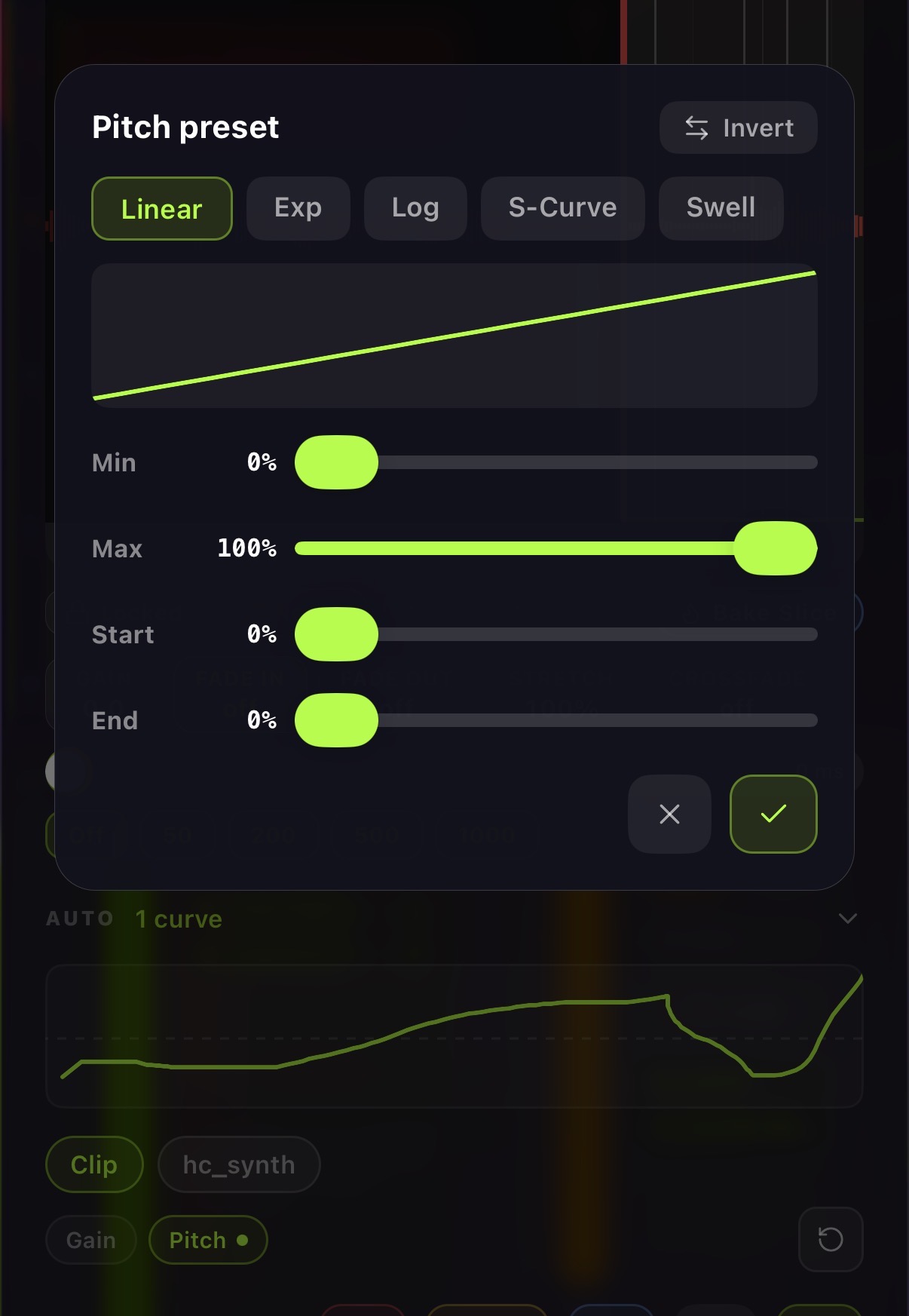 The automation preset overlay with shape chips, curve preview, and range/offset sliders