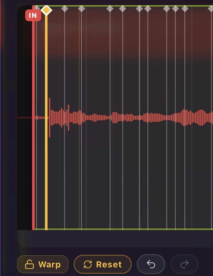 An amber warp marker dragged right, with a dim ghost tick showing the original position