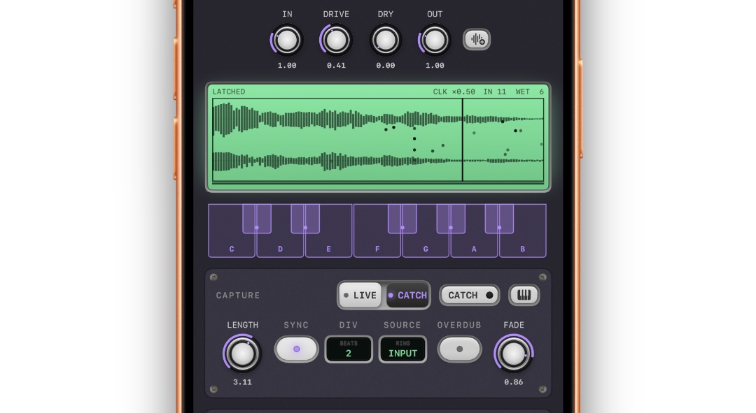 CAPTURE panel — LIVE/CATCH rocker, CATCH pad, KEYS button, LENGTH knob, SYNC, DIV, SOURCE, OVERDUB, FADE
