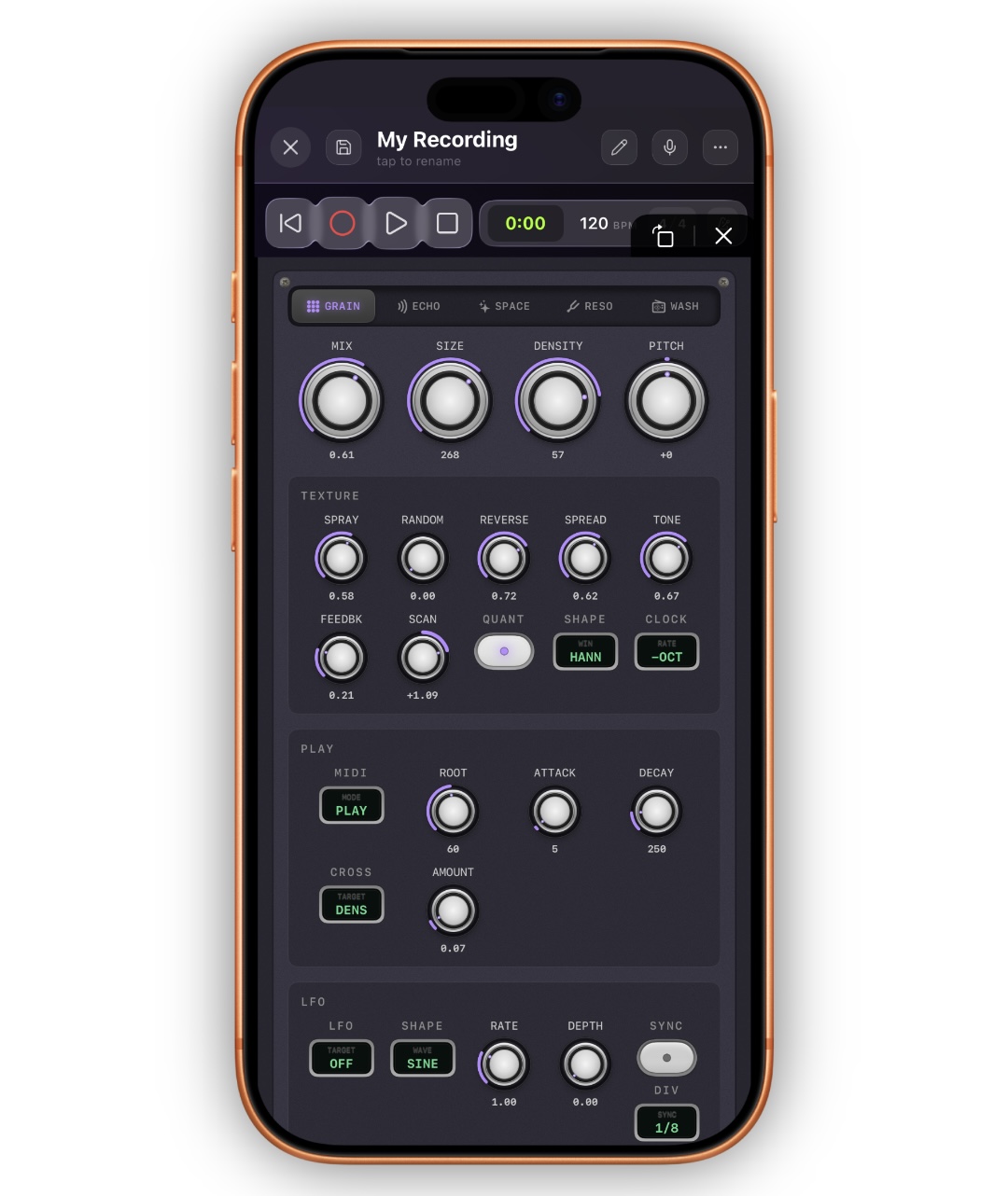 GRAIN tab — hero row of MIX/SIZE/DENSITY/PITCH, TEXTURE group, PLAY group, LFO group
