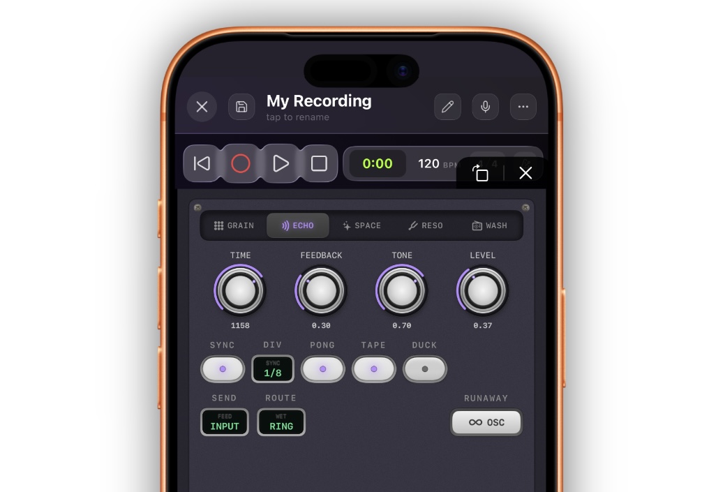 ECHO tab — TIME/FEEDBACK/TONE/LEVEL knobs, SYNC/DIV/PONG/TAPE/DUCK row, SEND and ROUTE menus, RUNAWAY cap