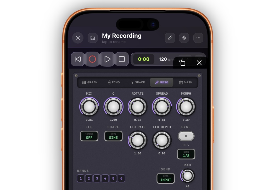 RESO tab — MIX/Q/ROTATE/SPREAD/MORPH knobs, LFO row, BANDS pips, SEND menu, ROOT knob