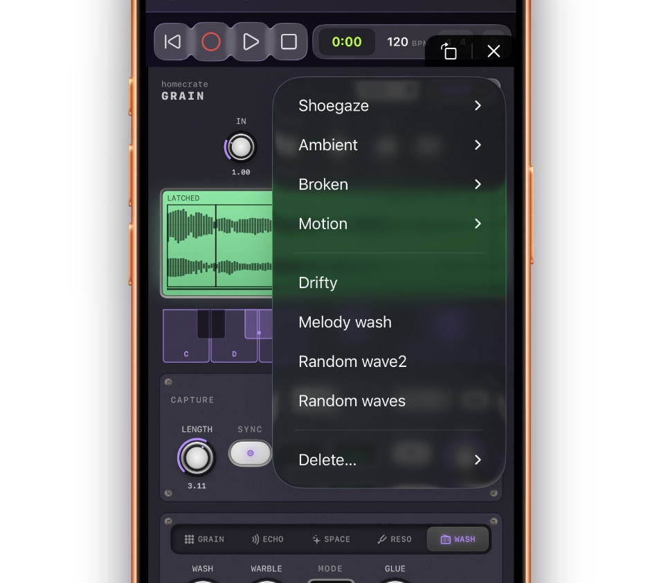 PRESETS menu open — Shoegaze / Ambient / Broken / Motion submenus, user presets below