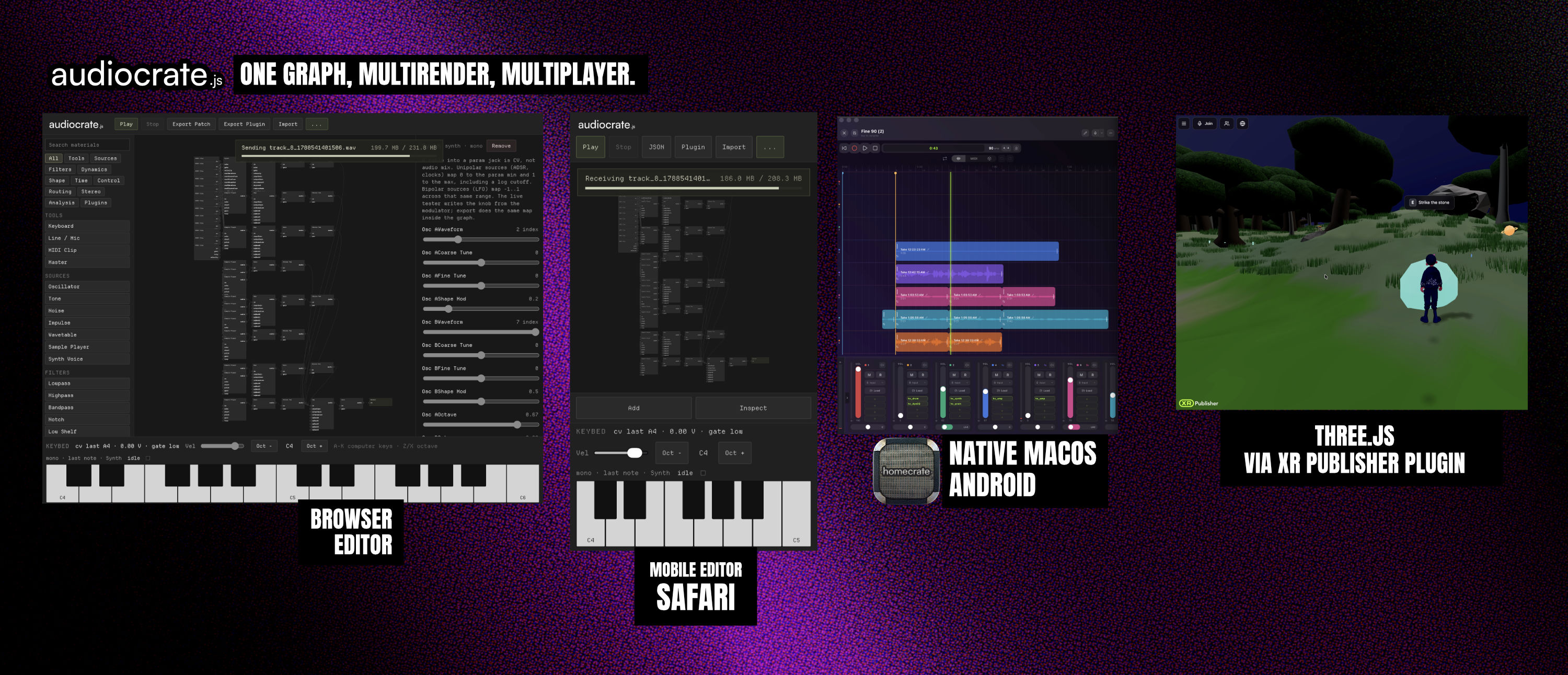 One graph, multi renderer, multi player: browser editor, mobile Safari, native macOS and Android, three.js via XR Publisher