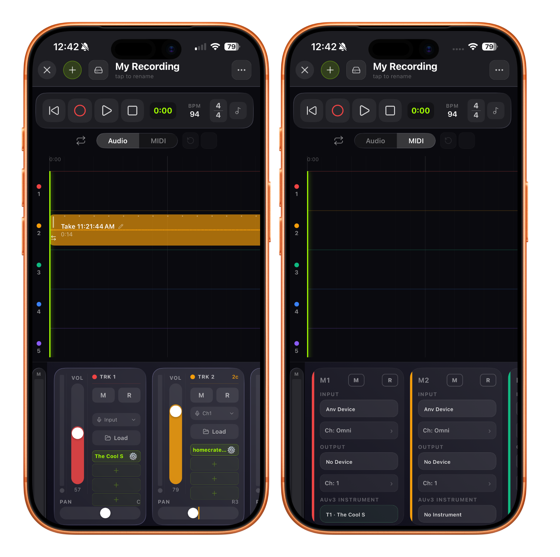 Full app interface with four labeled regions — Header, Transport, Timeline, Mixer