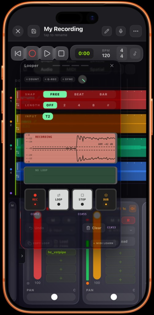 Live looper: recording an overdub layer synced to the song, with rec, loop, stop, and dub controls