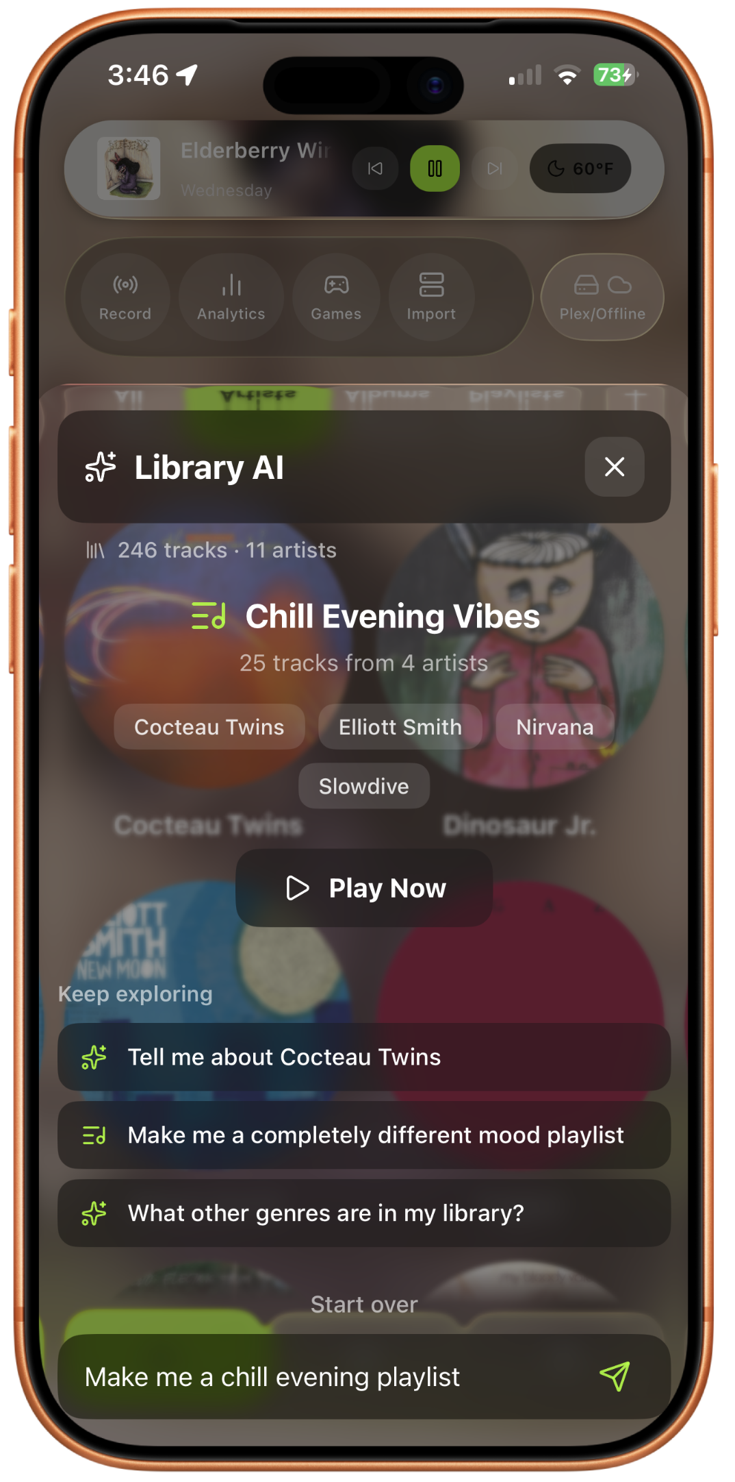 Library AI — chill evening vibes playlist generated on-device