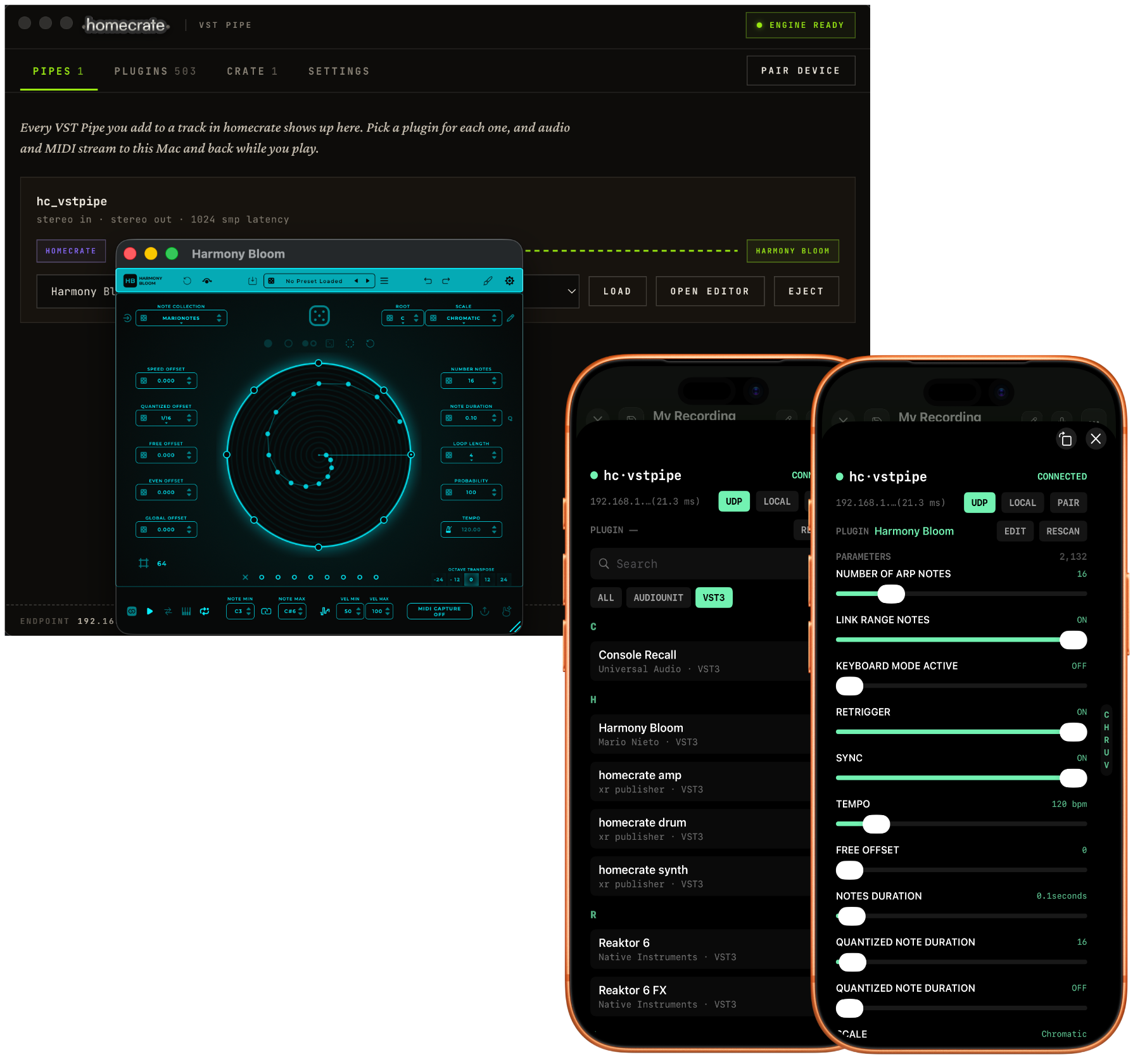 The homecrate Companion App on a Mac hosting a VST3, streamed to and controlled from homecrate on iPhone