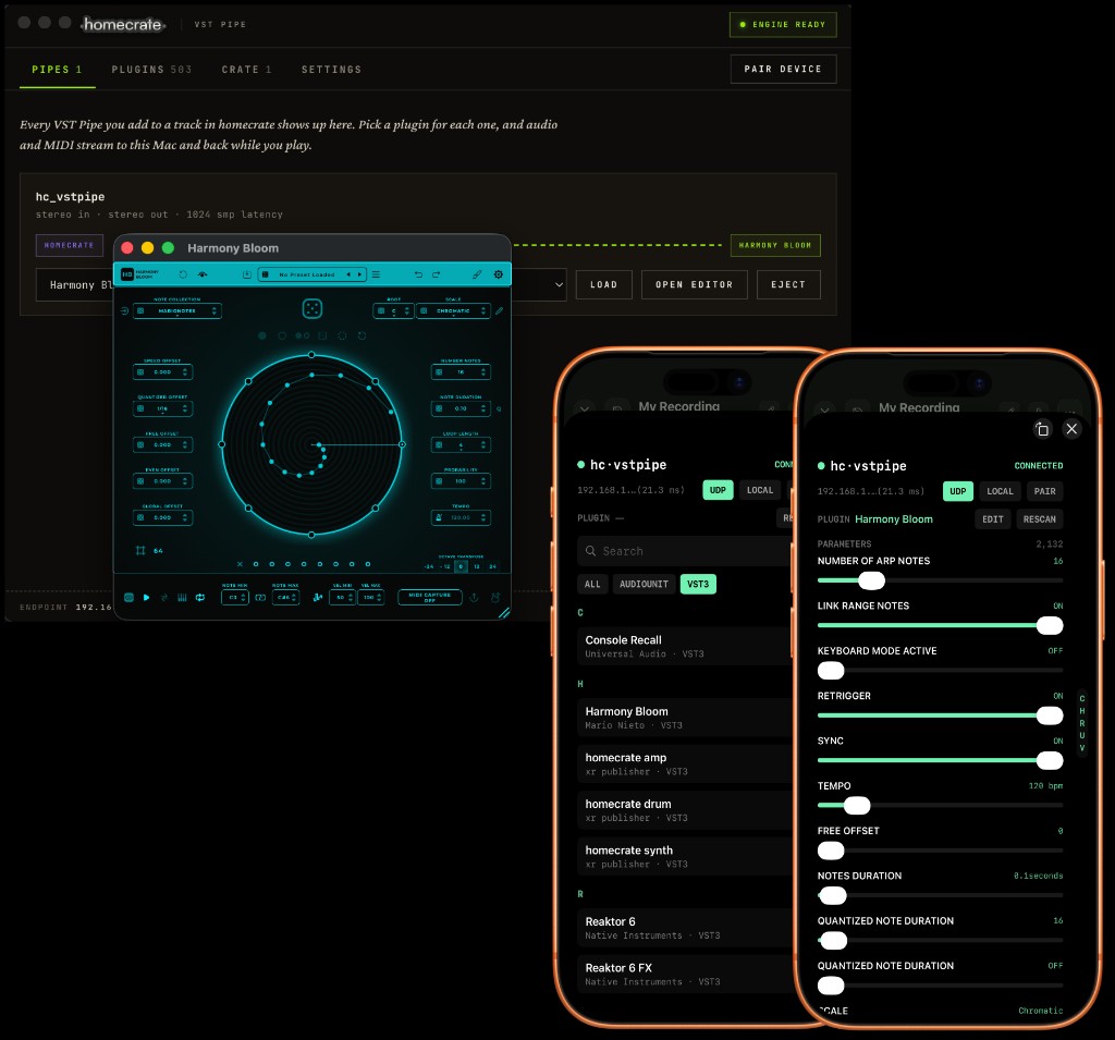 vstpipe: Harmony Bloom VST3 hosted on a Mac, streamed to and controlled from homecrate on iPhone